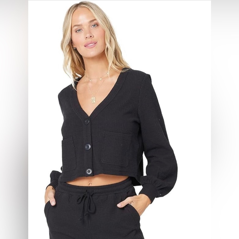 NWT L*Space ‘Romy’ waffle knit cotton button front cardigan, black, size XS